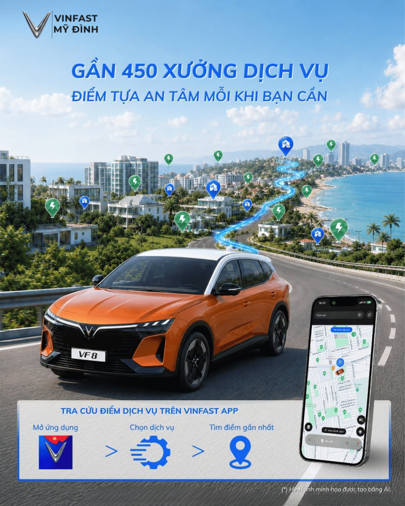 Hệ sinh thái VinFast với mạng lưới xưởng dịch vụ và hơn 150.000 cổng sạc trên toàn quốc.